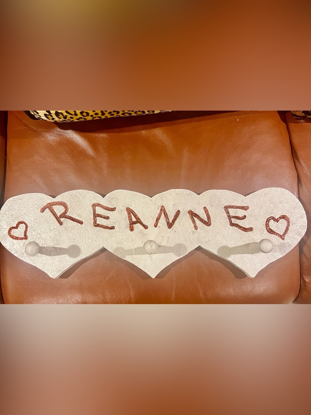 Reanne Hand-Painted Triple Heart Wall Hook White/Rust Sparkle Accent 20 3/4”x 6”